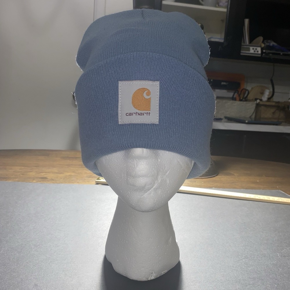 Carhartt Beanie Hat Mens One Size Fits All Rib Knit Cuff Logo Blue